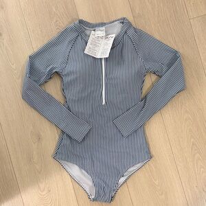 Navy and White Striped Long Sleeve One-Piece Swimsuit